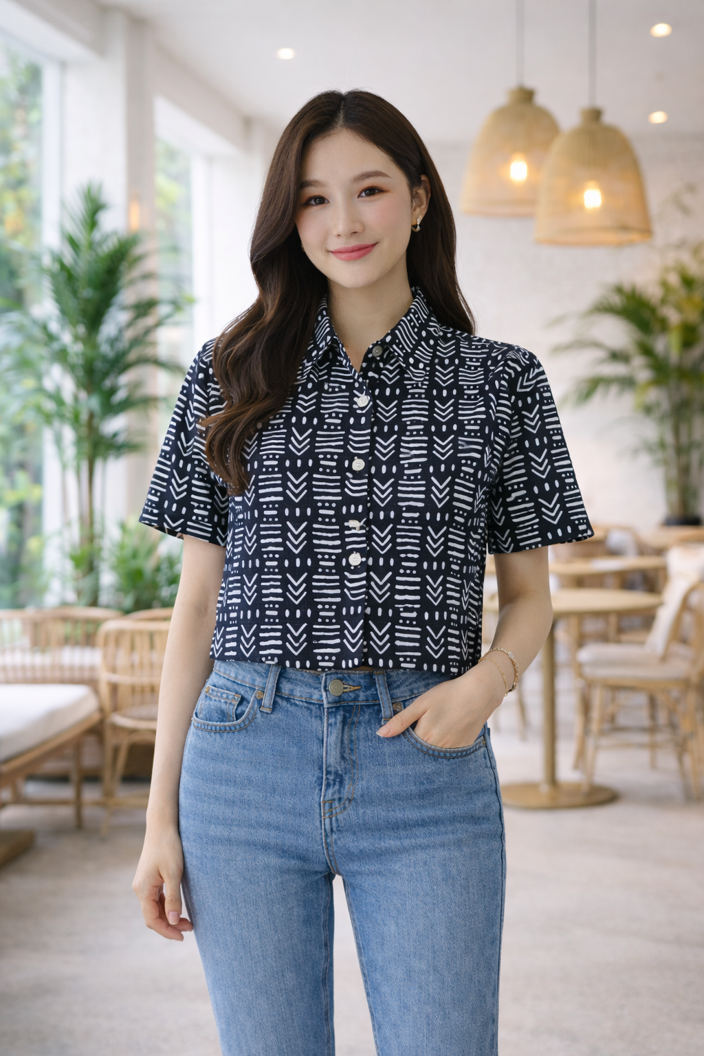 Korean Black & White Geometric Print Top | Western Wear