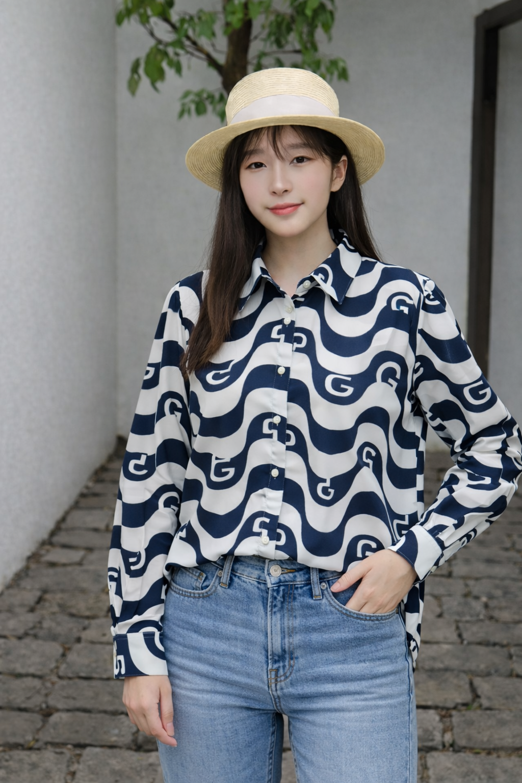Korean Navy & White Wave Print Shirt | Western Wear