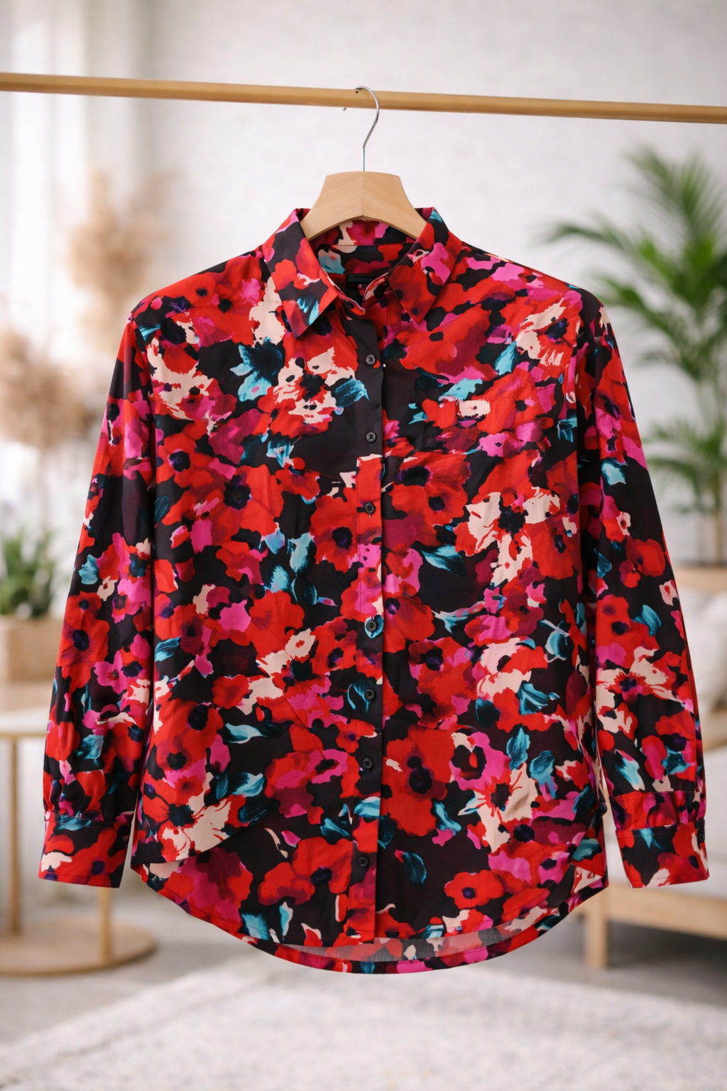 Korean Red Floral Print Shirt | Western Wear