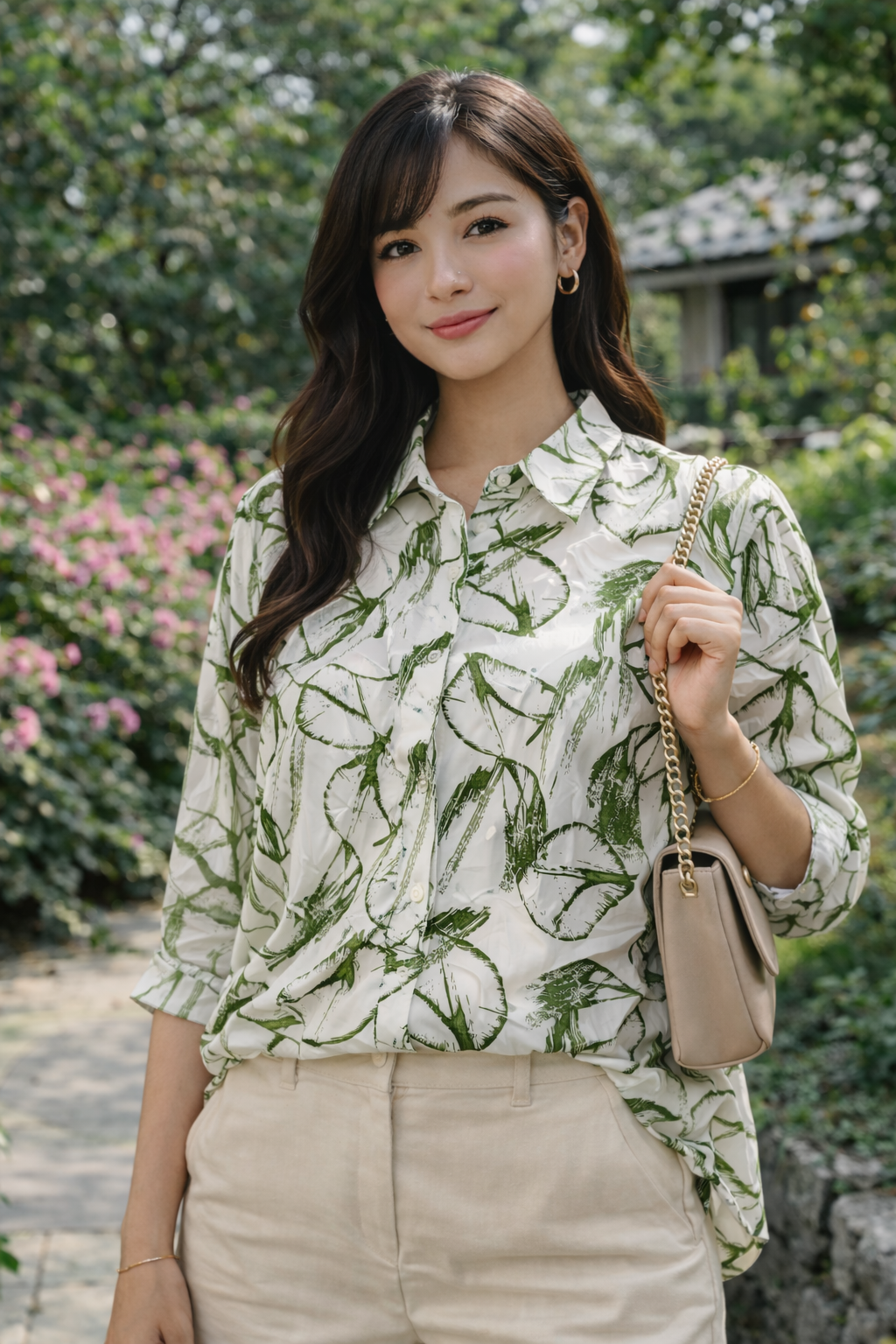 Korean White & Green Leaf Print Shirt | Western Wear