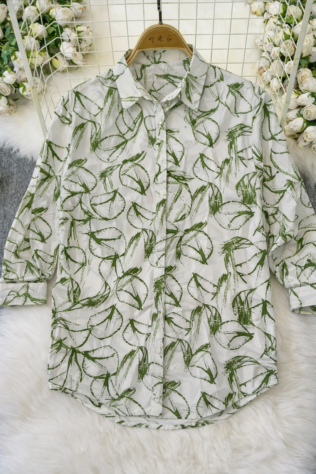Korean White & Green Leaf Print Shirt | Western Wear