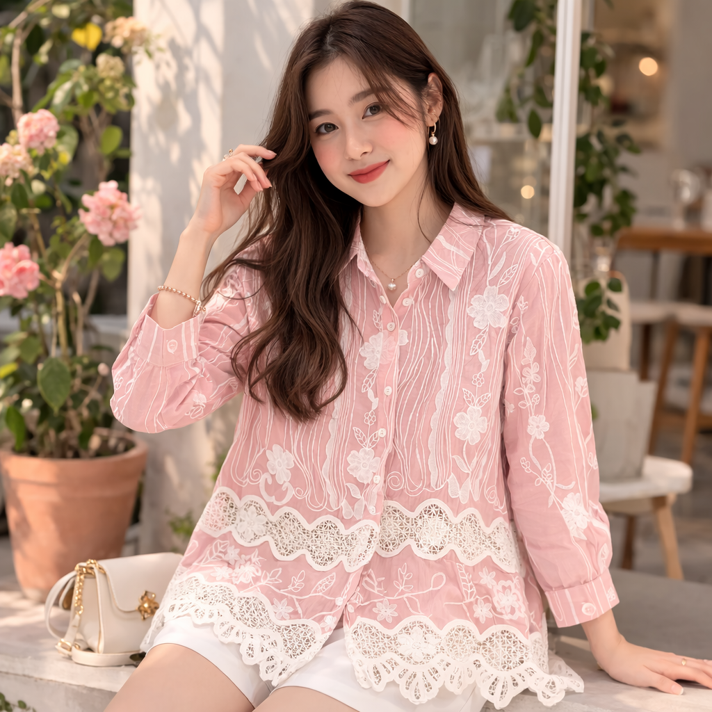 Elegant Korean Embroidered Lace Shirt | Premium Floral Top for Women | 5 Colors