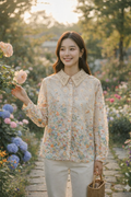 Korean Floral Printed Shirt for Women | Lace Collar with Embroidery | Western Wear
