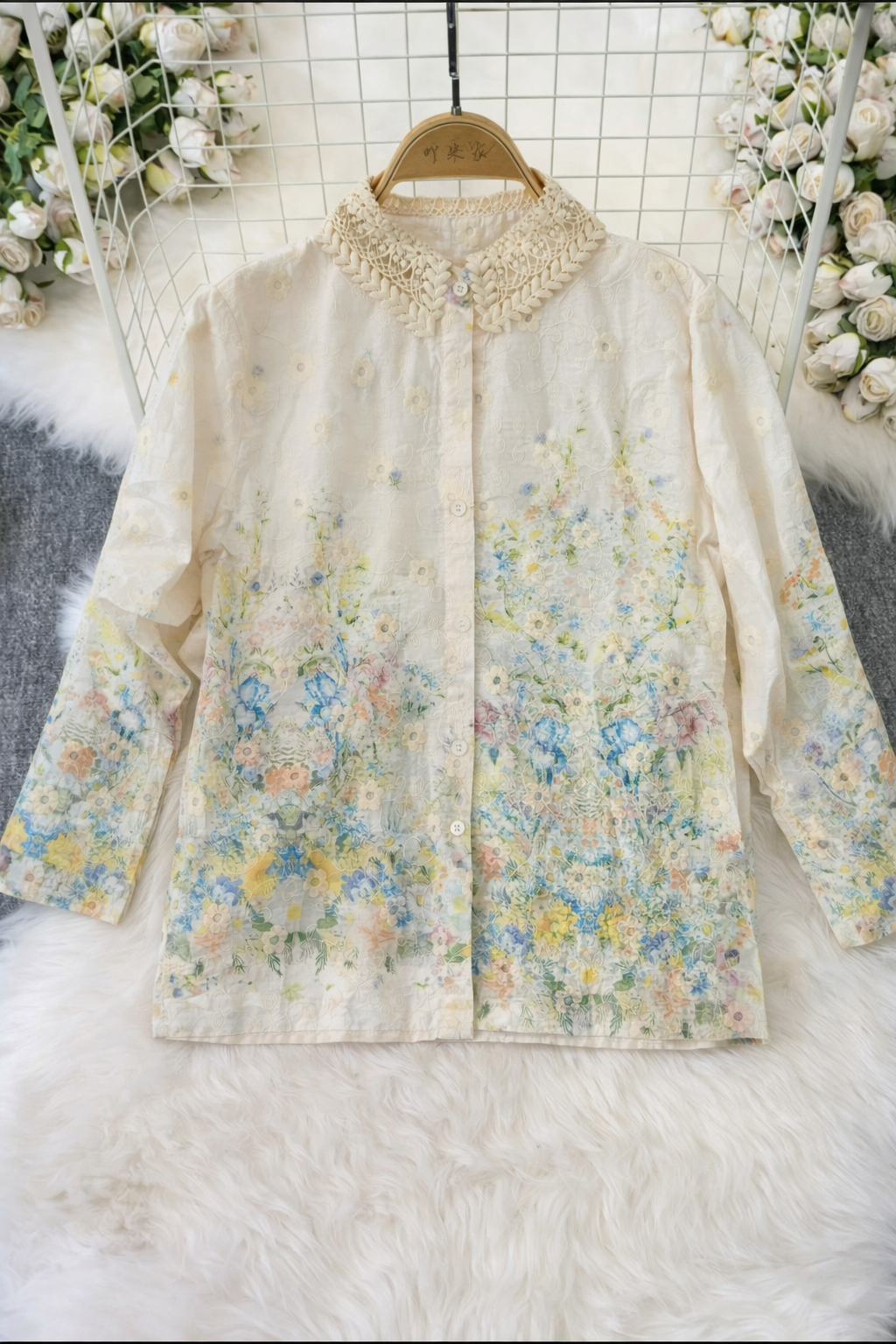 Korean Floral Printed Shirt for Women | Lace Collar with Embroidery | Western Wear