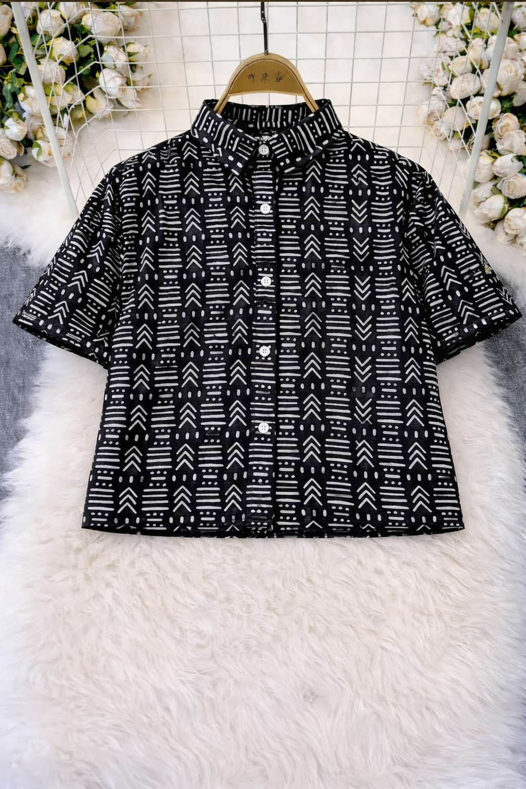Korean Black & White Geometric Print Top | Western Wear