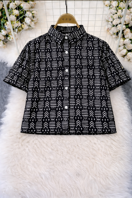 Korean Black & White Geometric Print Top | Western Wear