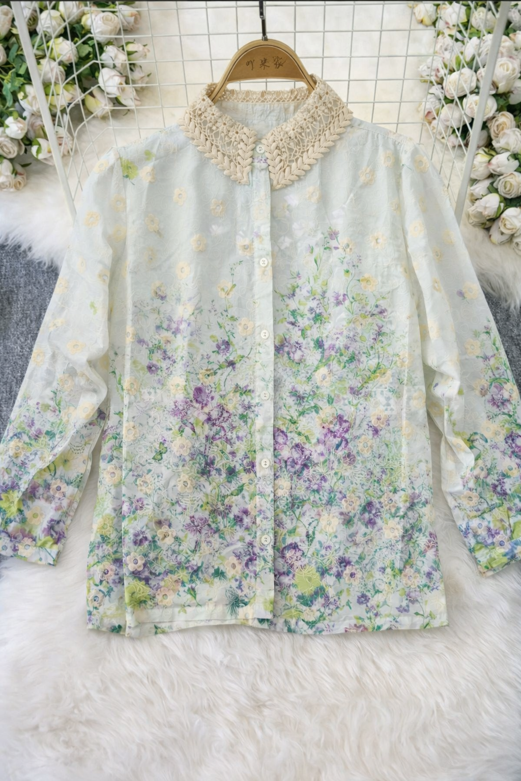 Korean Floral Printed Shirt for Women | Lace Collar with Embroidery | Western Wear