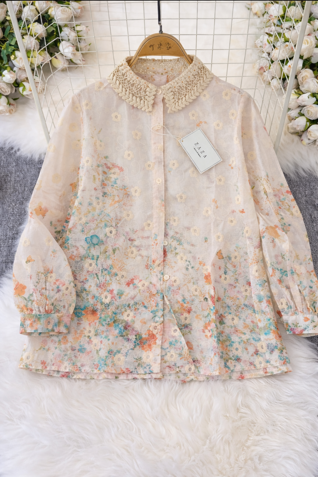 Korean Floral Printed Shirt for Women | Lace Collar with Embroidery | Western Wear