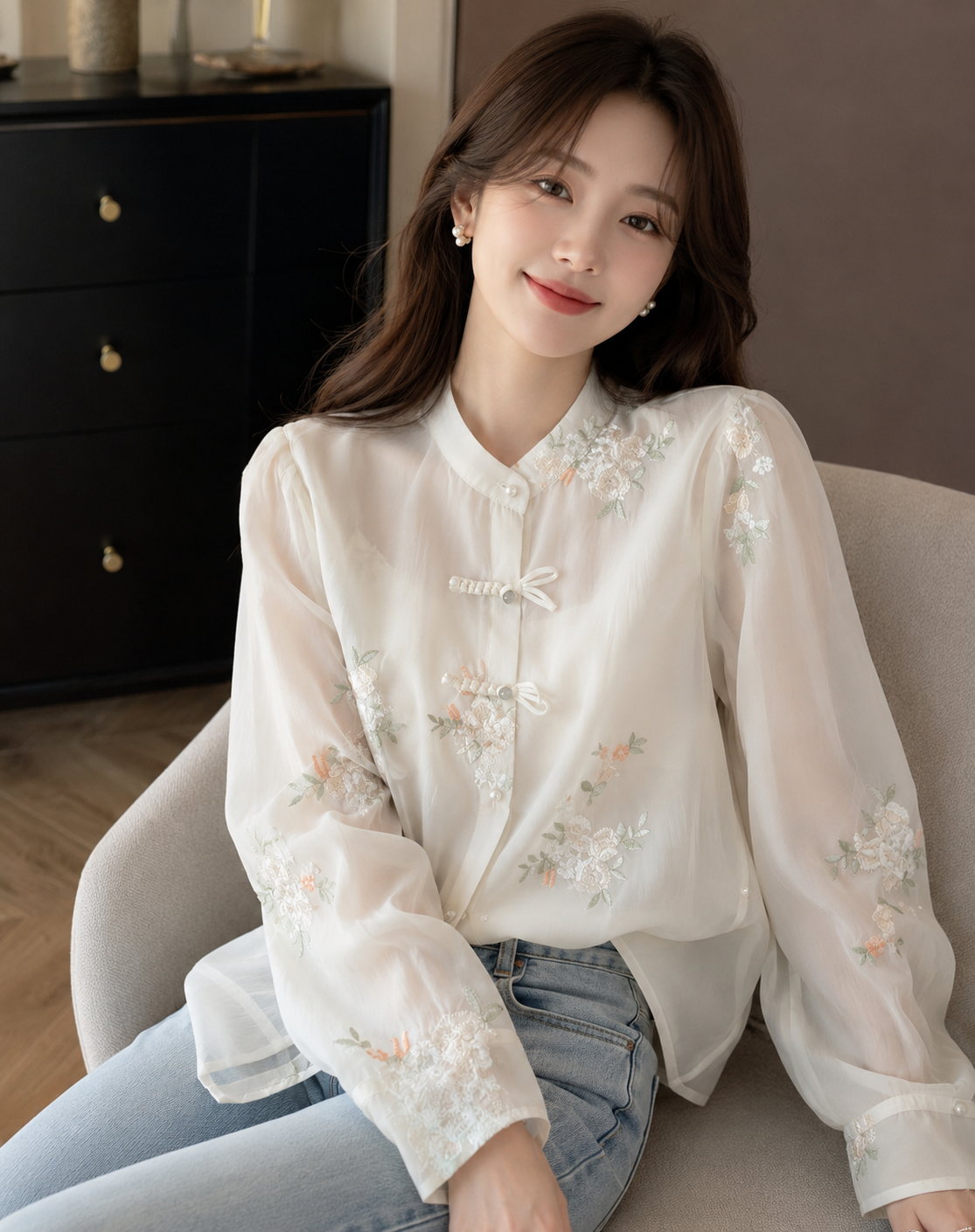Korean Style Top Blouse Elegant Embroidery Casual Shirt | Premium Floral Top