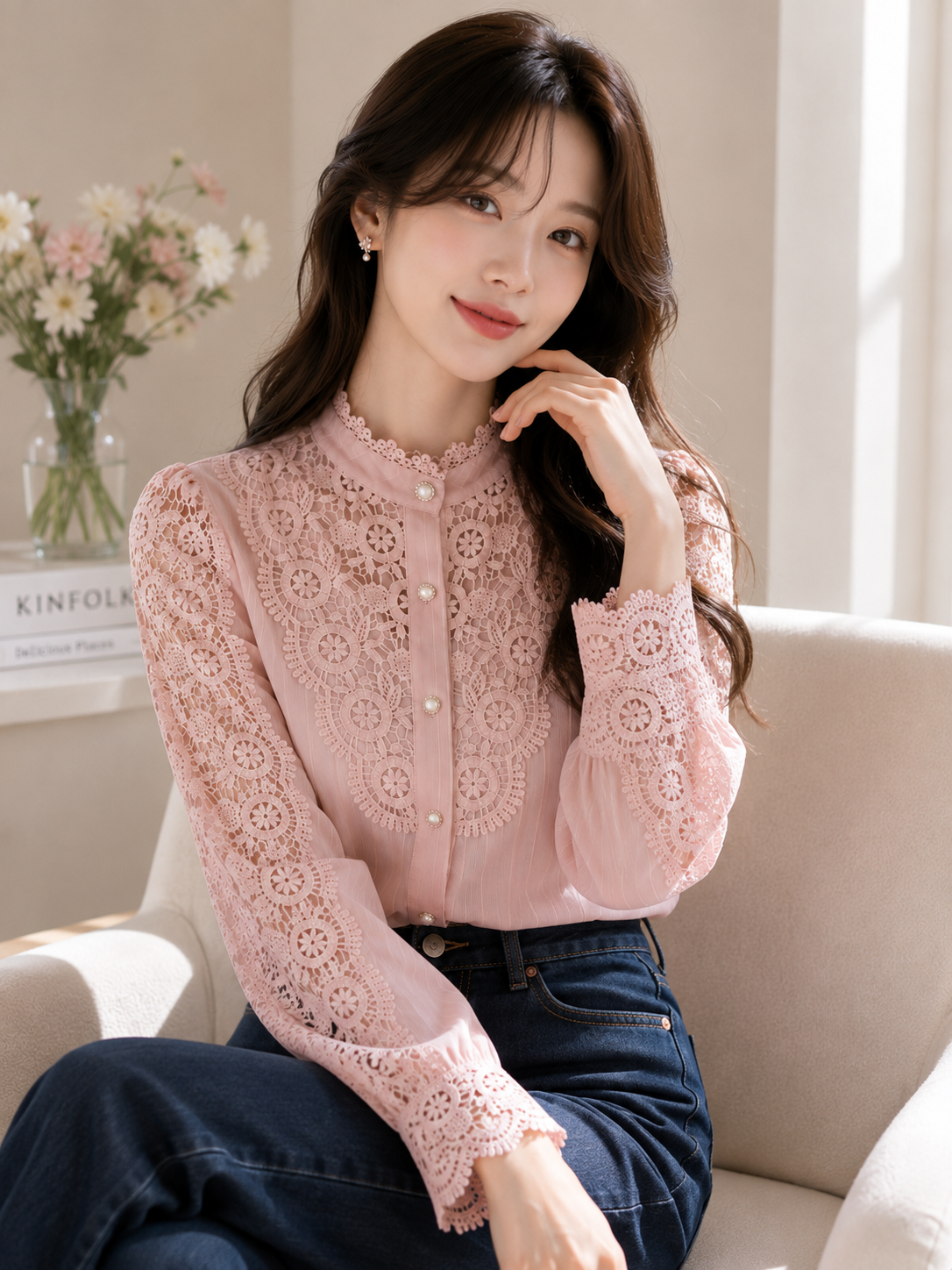Blush Pink Lace Pearl Button Top