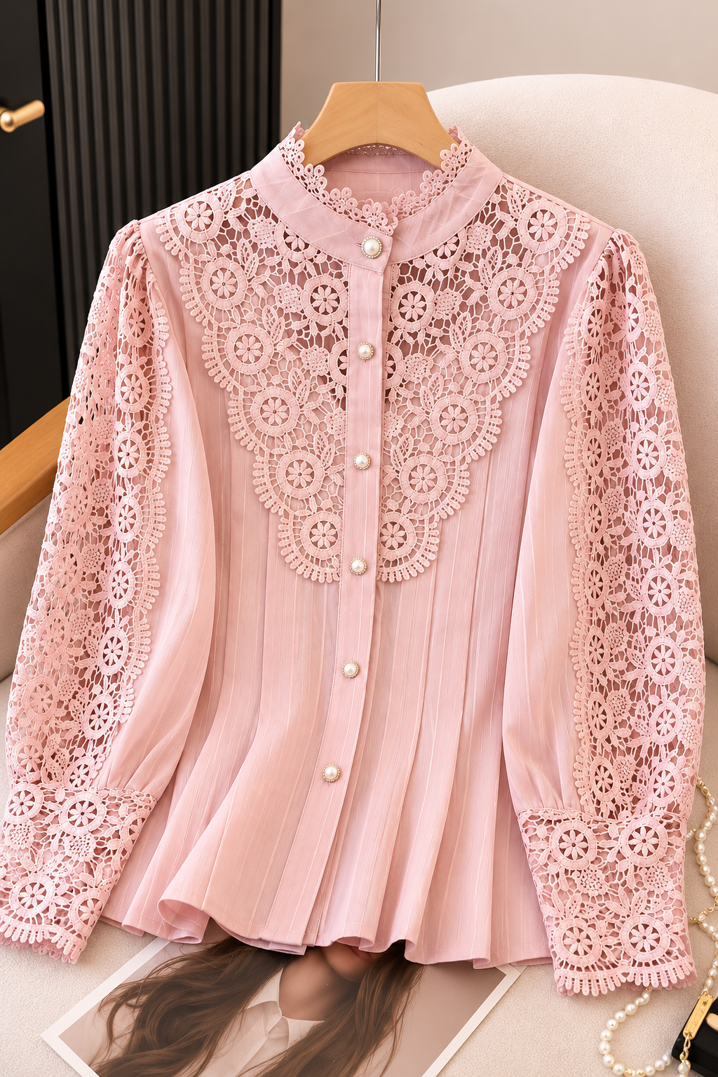Blush Pink Lace Pearl Button Top