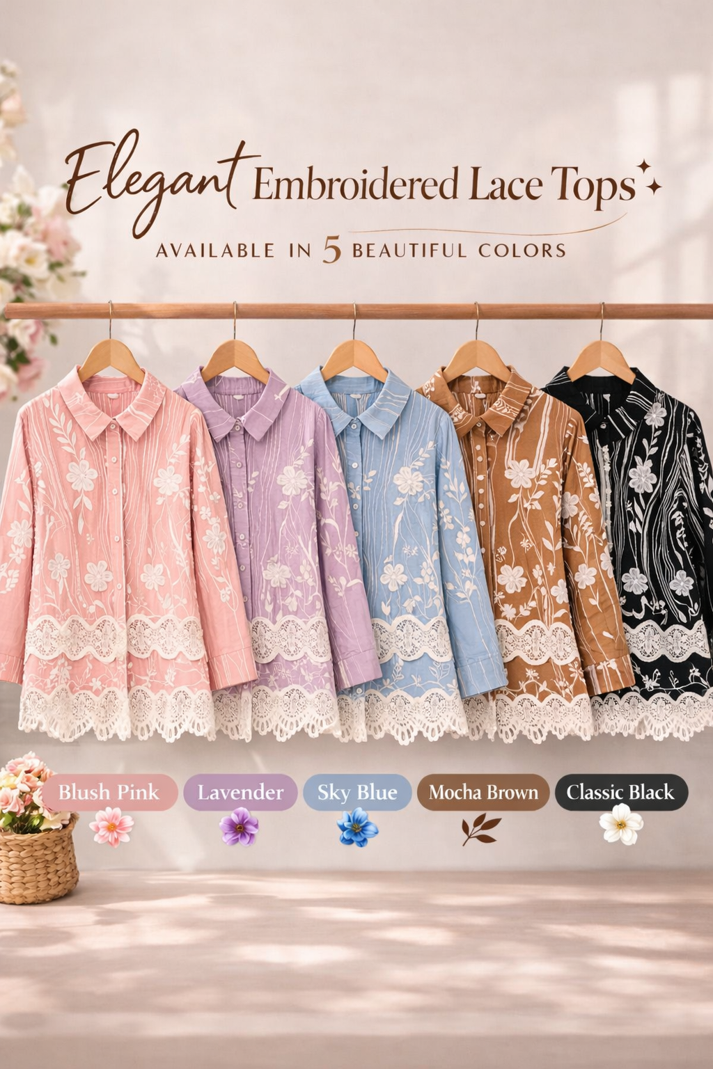 Elegant Korean Embroidered Lace Shirt | Premium Floral Top for Women | 5 Colors