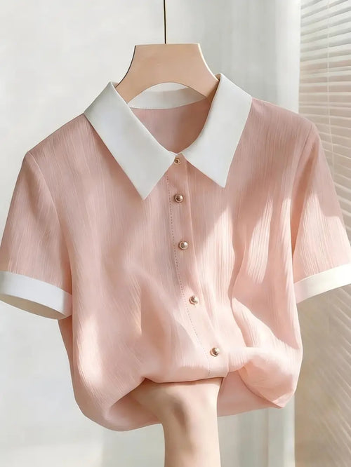 Elegant Chiffon Contrast Blouse Korean Style | Premium Top