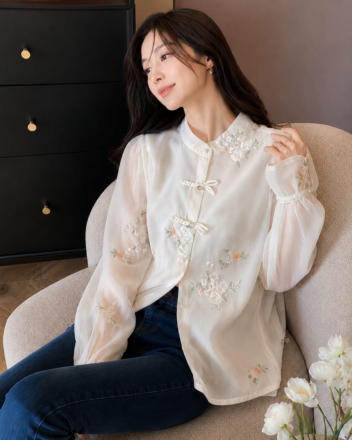 Korean Style Top Blouse Elegant Embroidery Casual Shirt | Premium Floral Top