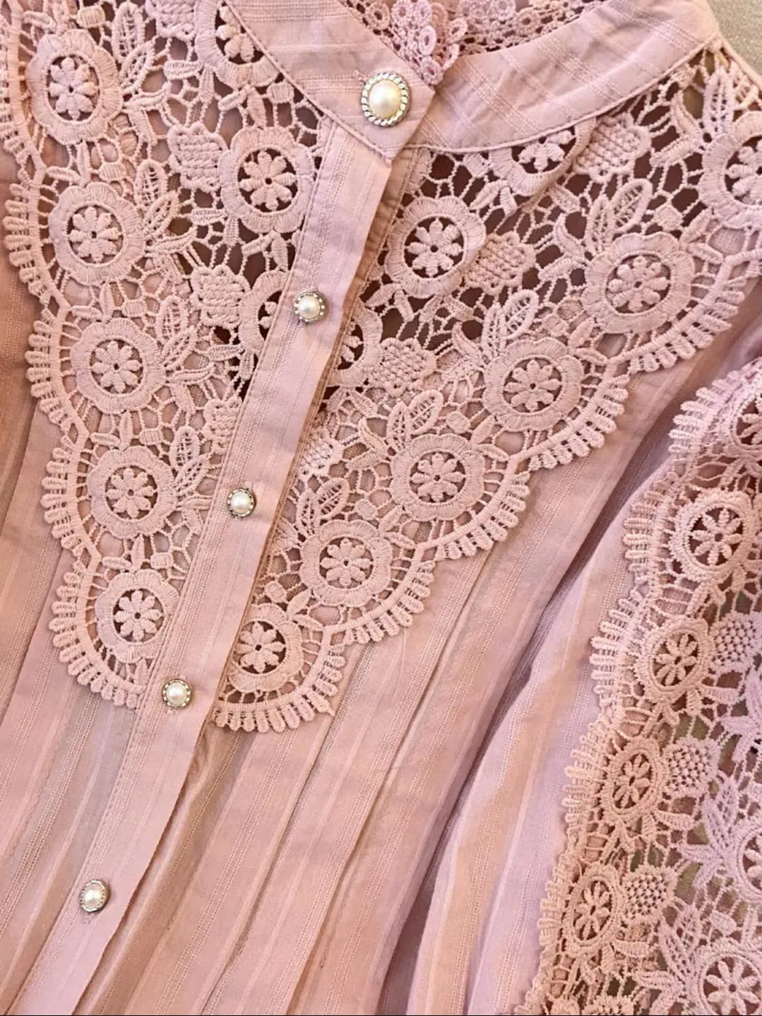Blush Pink Lace Pearl Button Top