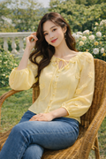 Yellow Floral Detail Tie-Up Neck Top – Soft Casual Women’s Blouse