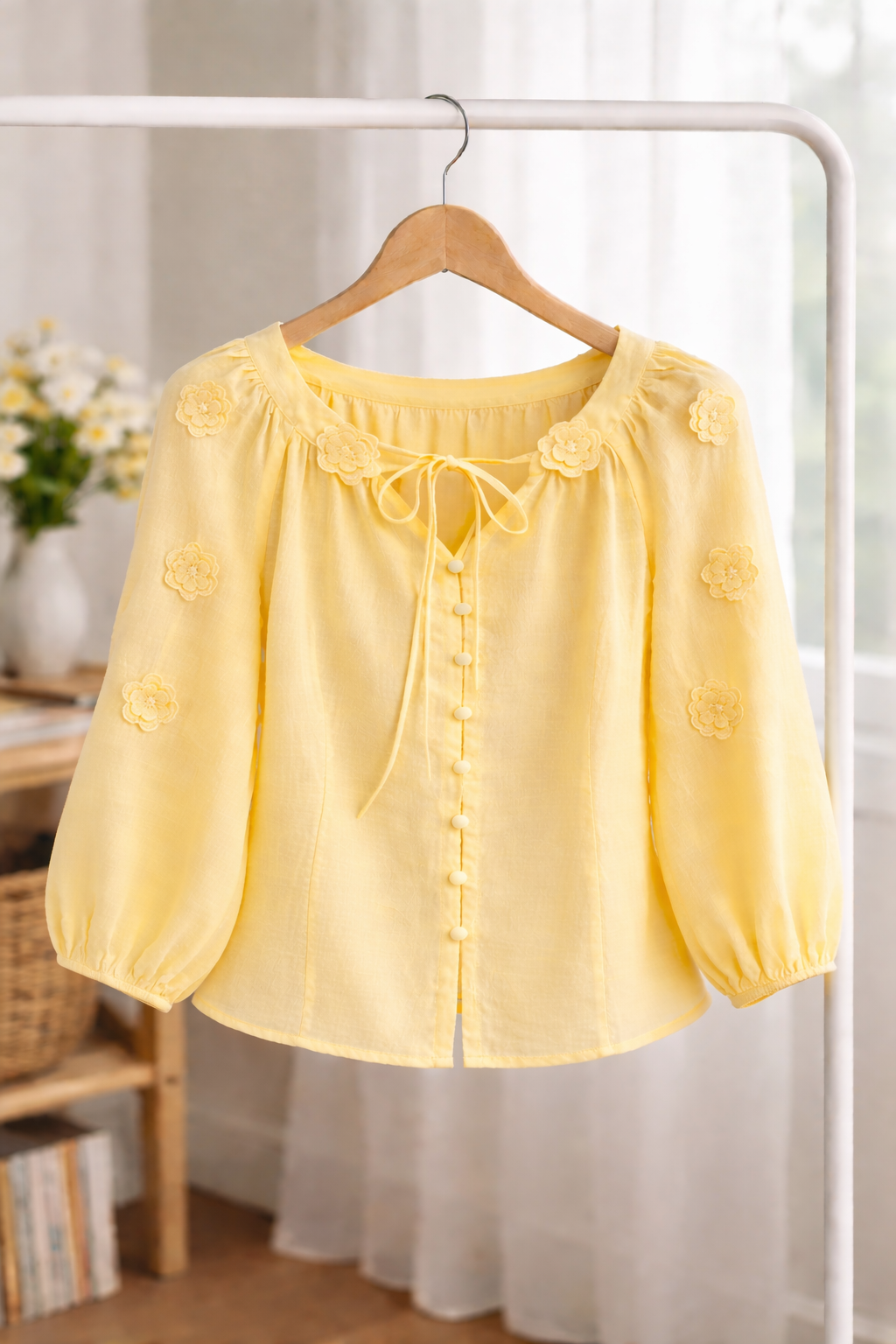 Yellow Floral Detail Tie-Up Neck Top – Soft Casual Women’s Blouse