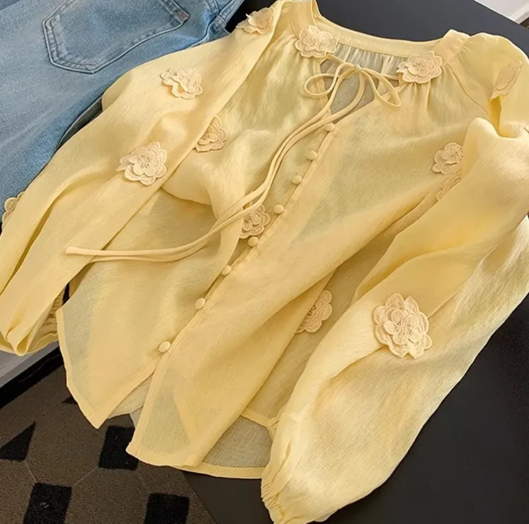 Yellow Floral Detail Tie-Up Neck Top – Soft Casual Women’s Blouse