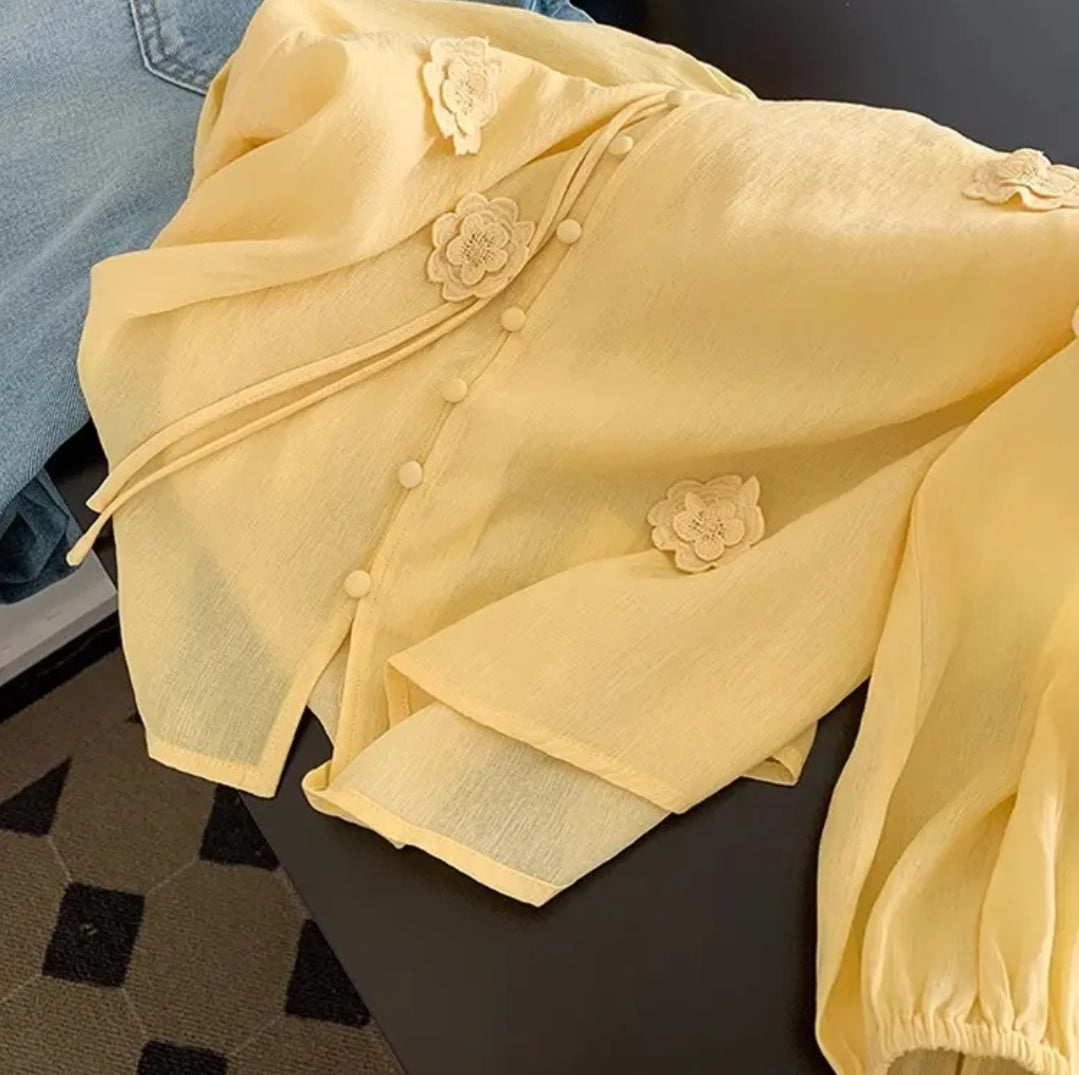 Yellow Floral Detail Tie-Up Neck Top – Soft Casual Women’s Blouse