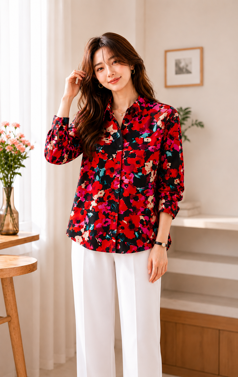Korean Red Floral Print Shirt | Western Wear