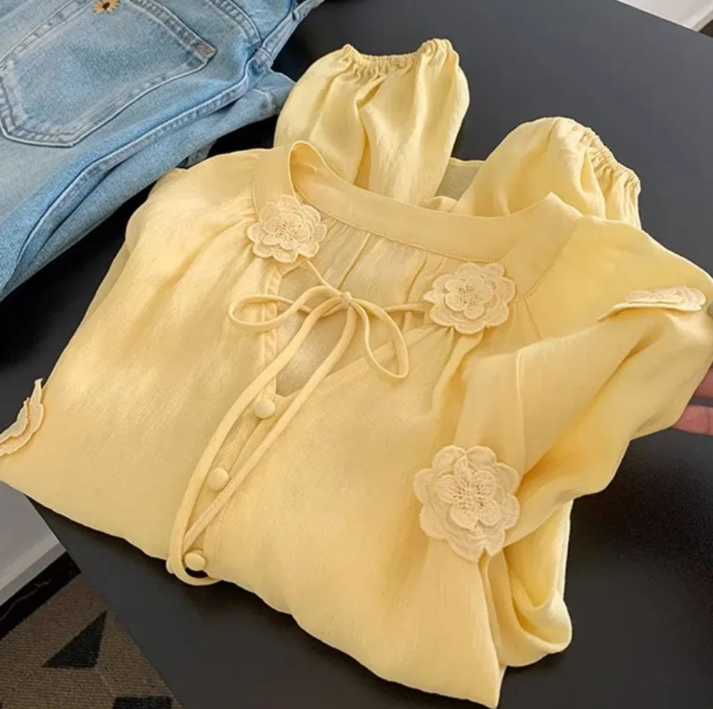 Yellow Floral Detail Tie-Up Neck Top – Soft Casual Women’s Blouse